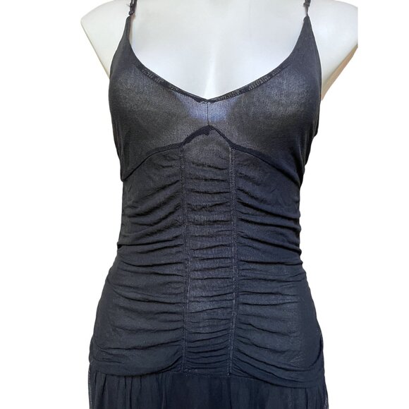 Black Ruched Sheer Mesh Tulle Corset Midi Dress w Drop Waist & Sweetheart Neck - Picture 5 of 7